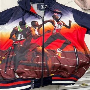 Adidas Red and Blue Runner Graphic Bomber Jacket